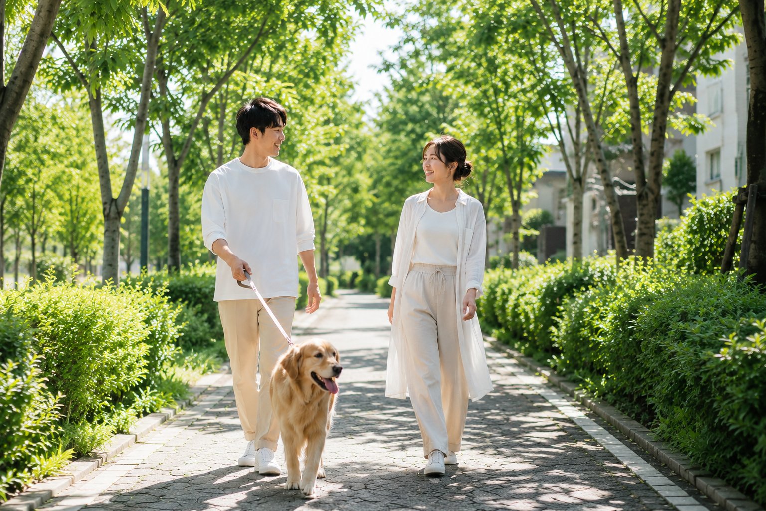 犬の散歩を楽しむ笑顔のカップル