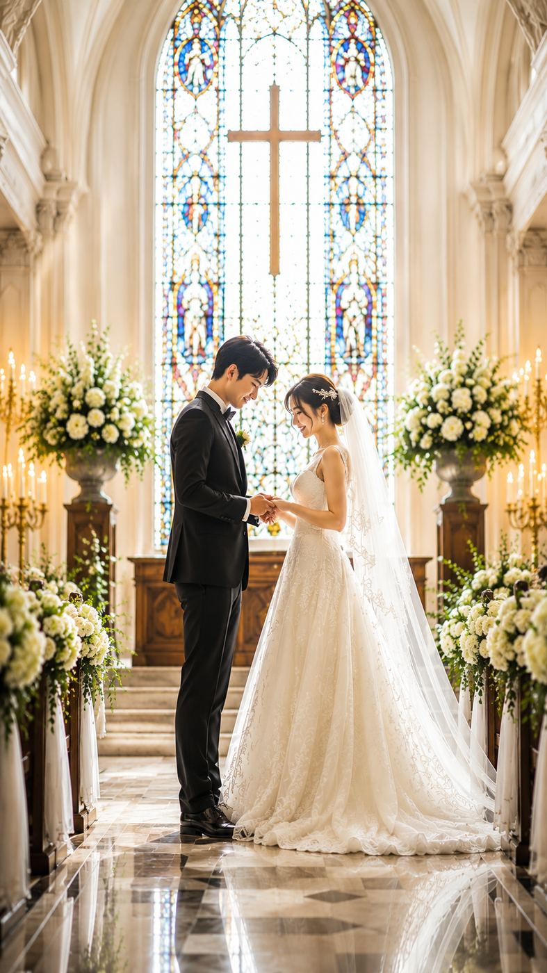 祭壇の前で手を取り合う新郎新婦